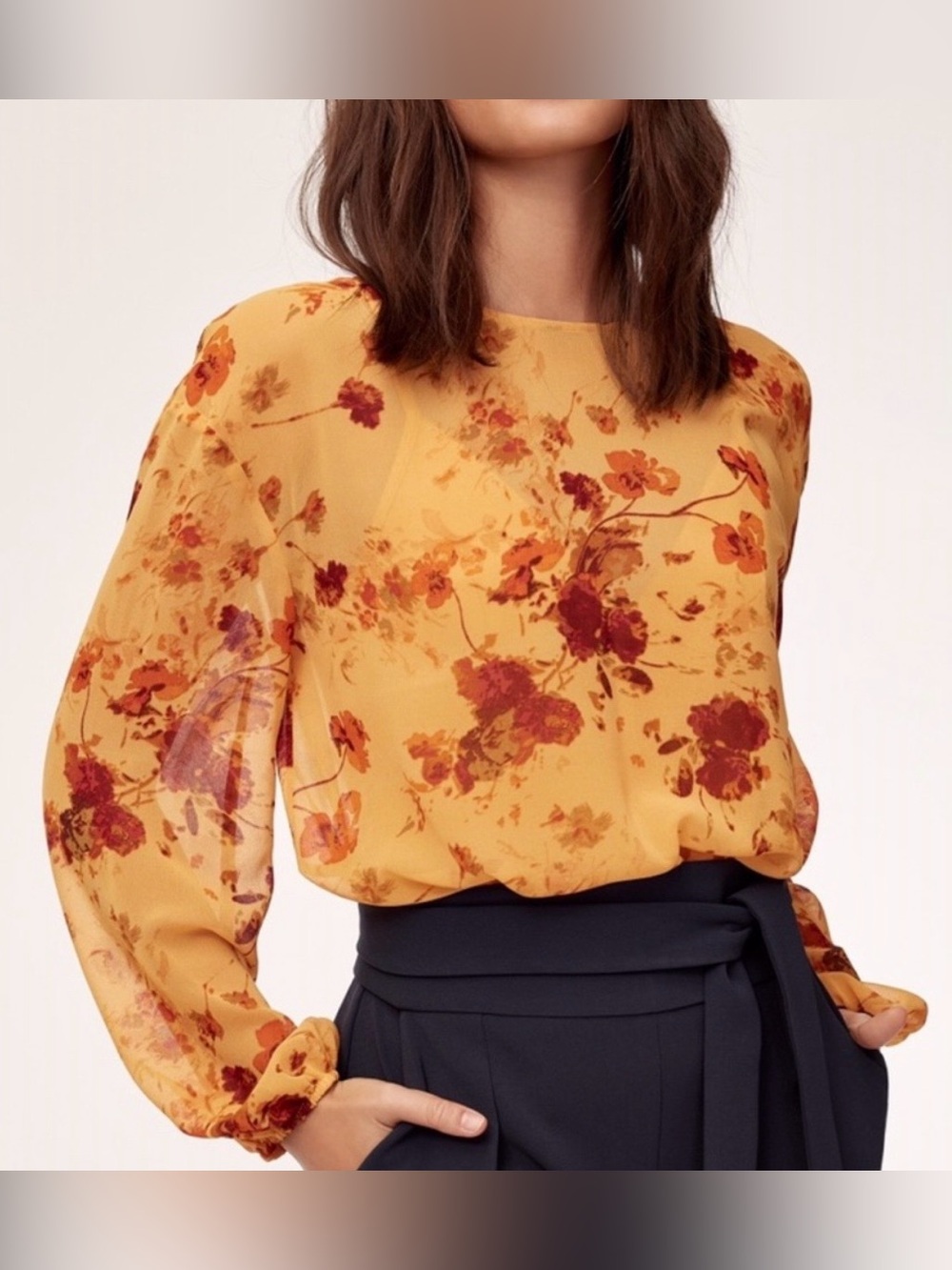 Aritzia Wilfred Talmont Sheer Floral long sleeve Bodysuit Yellow Gold - size XS